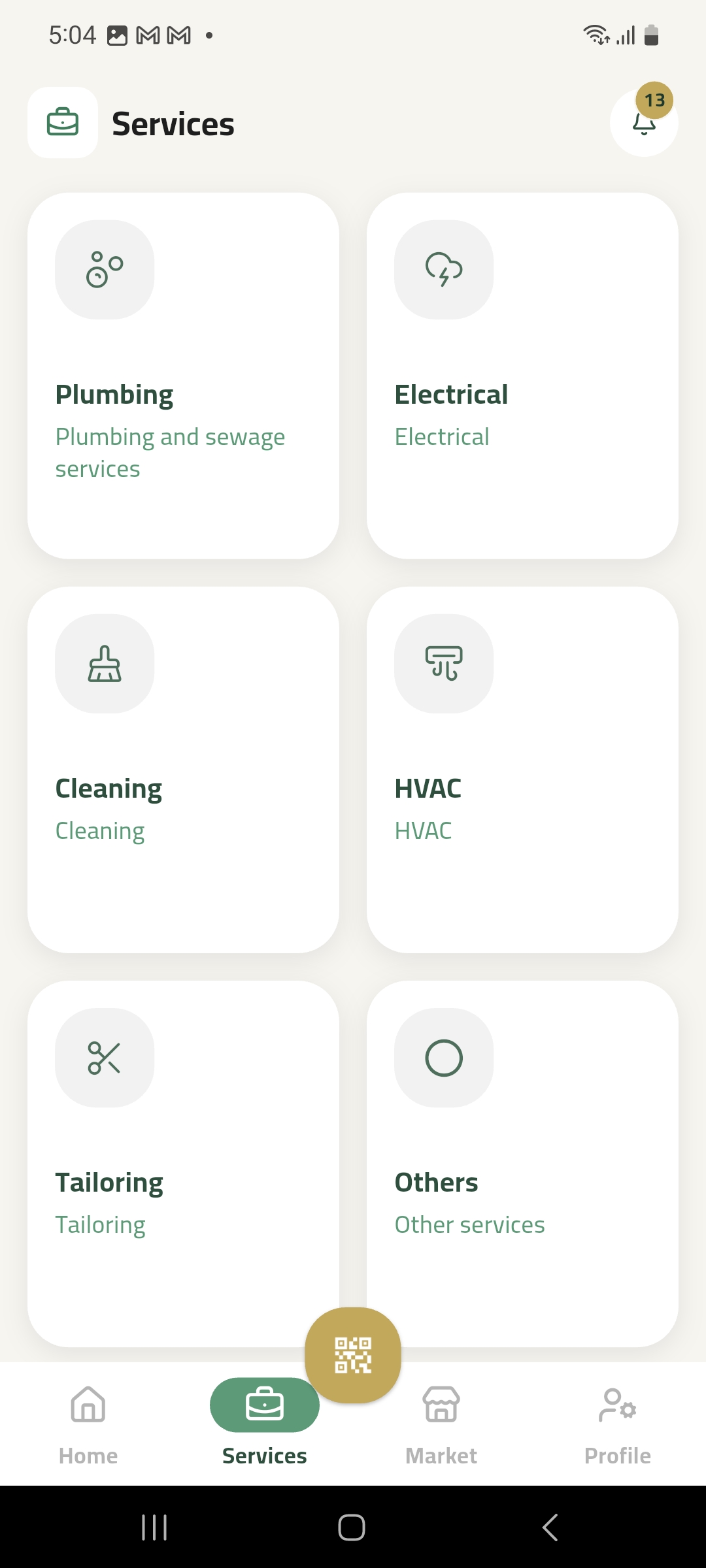 Services and approved providers screen in the app