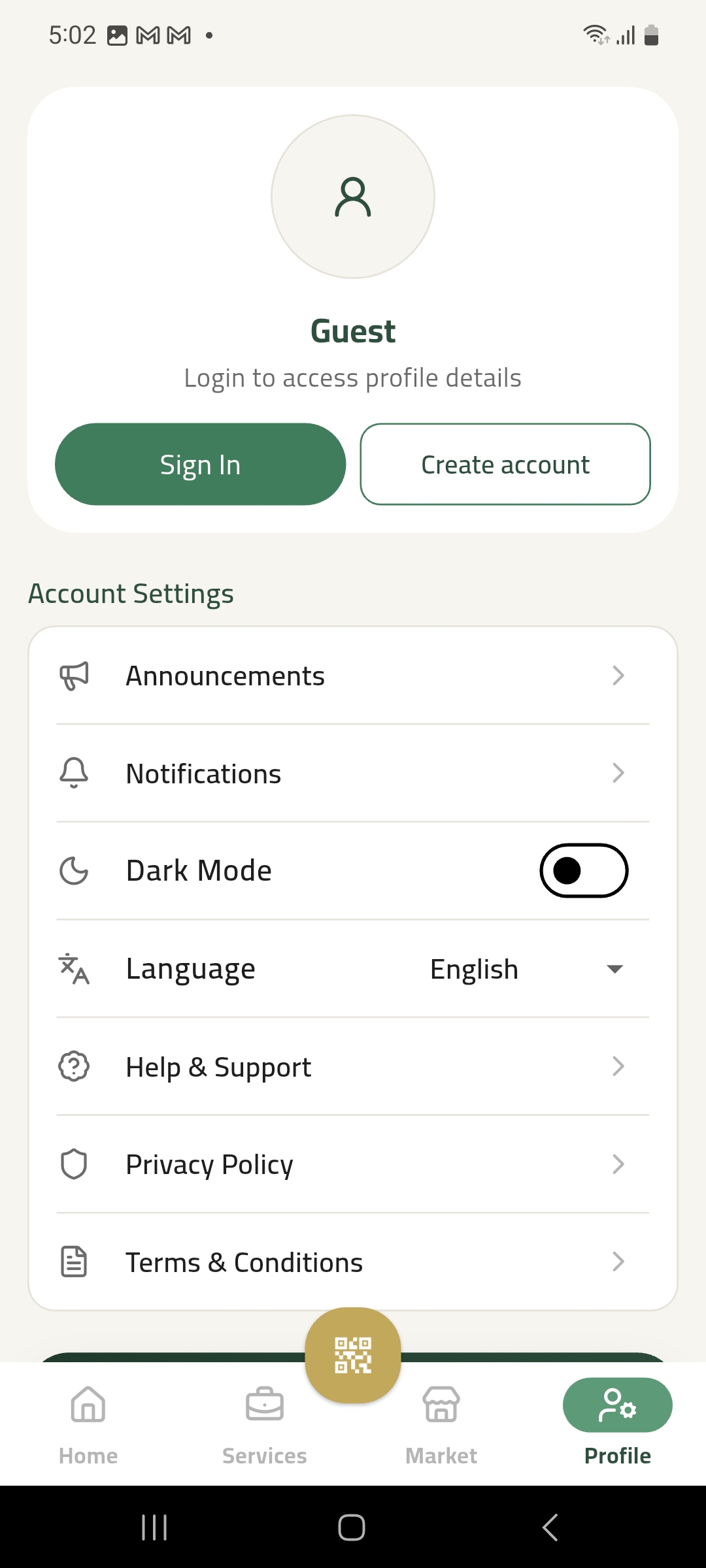 Guest profile, language and appearance settings in the app