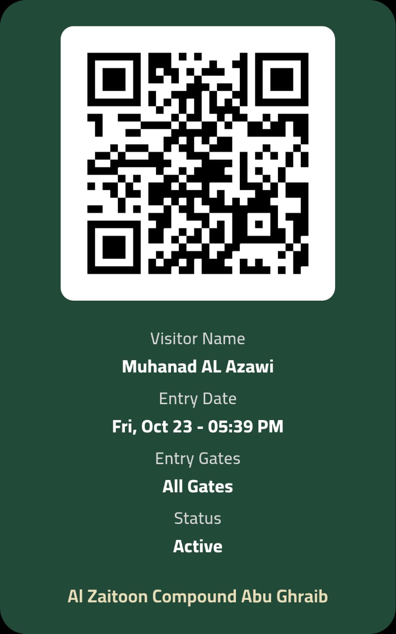Demonstration visitor pass with synthetic visitor details and a non-functional example code